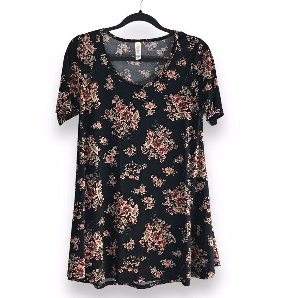 LuLaRoe Size XSmall XS Swing Hi Low Black Pink Floral Shirt Modest Comfortable